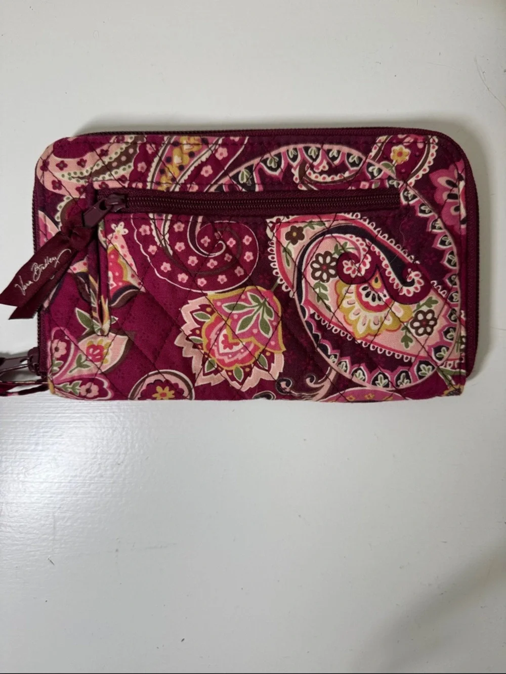 Vera Bradley burgundy and pink paisley fabric wallet with wrist strap. - Picture 3 of 8